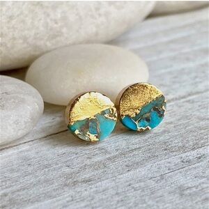 Handmade Natural Turquoise Stud Earrings with Gold Accent